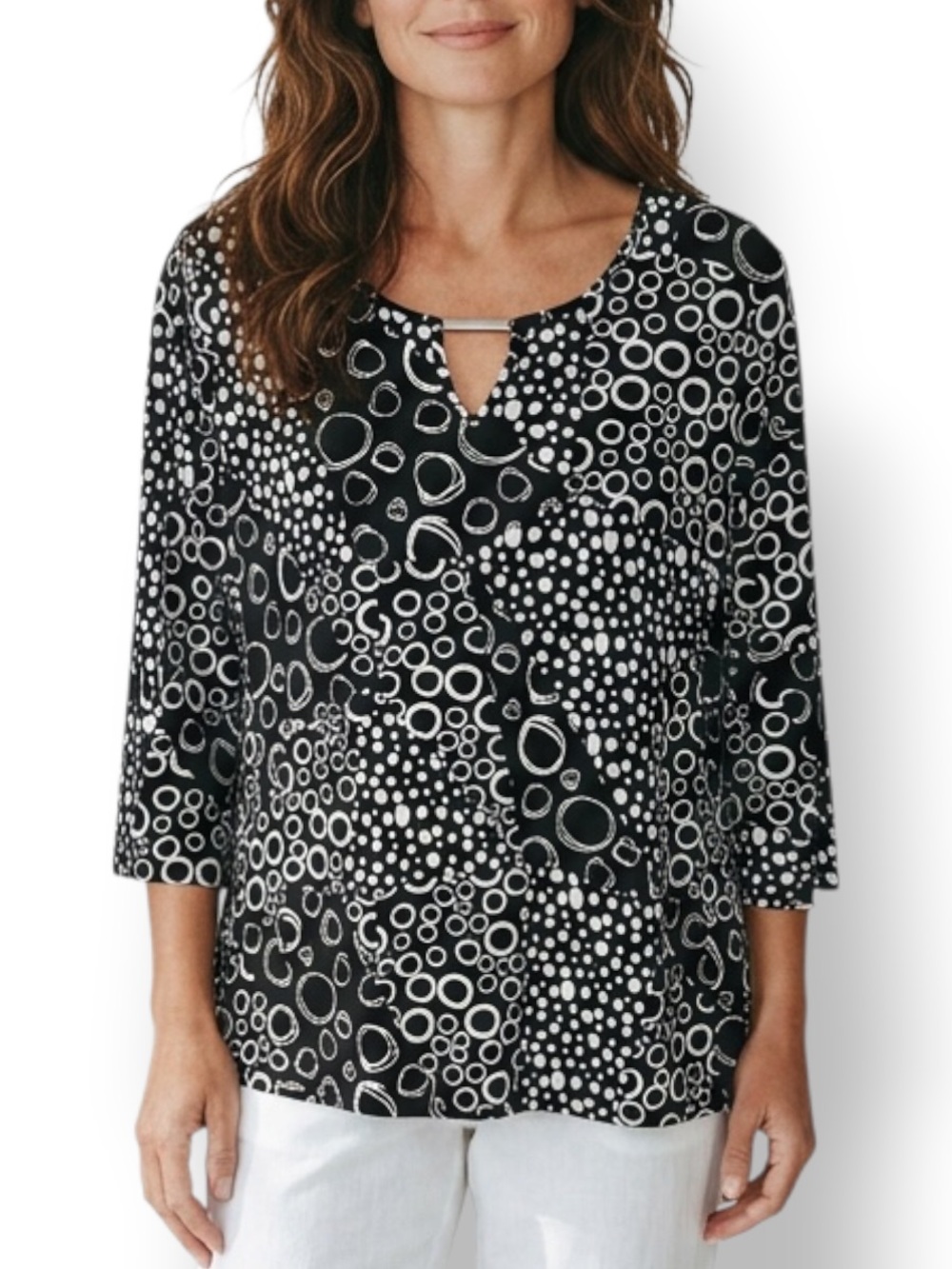 4/$20 New Directions Black White Mixed Polka Dot Circle Print Tunic Top Large